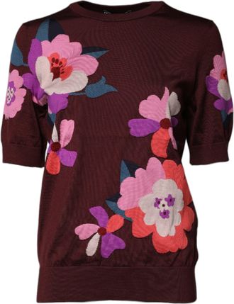Dolce & Gabbana Maroon Floral Silk Crew Neck Blouse Womens Top
