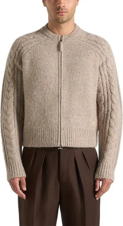 Mani&egrave;re De Voir Gaby Speckled Cable Knit Zip Cardigan in Taupe at Nordstrom, Size X-Small