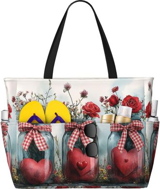 Generic Flowers Hearts Vase Print Large Beach Bag Foldable Travel Shoulder Tote Bag With Pocket For Weekender Pool Vacation