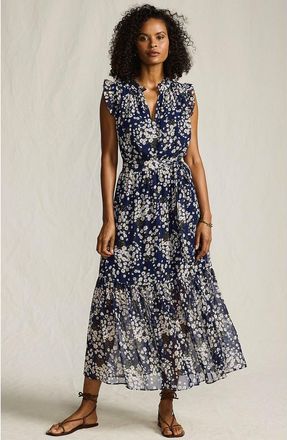 Lands End Chiffon Maxi Dress with Ruffle Detail in Deep Sea Navy Tossed Daisies at Nordstrom, Size Medium P