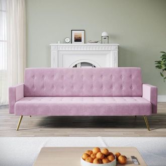 Elegant Lighting Modern Fabric Sofa Bed Click Clack Sofa Settee Recliner Couch, 3-levels Adjustable, Anti Slip Metal Legs, Velvet Cloth Fabric, Pink, 192x79x75cm