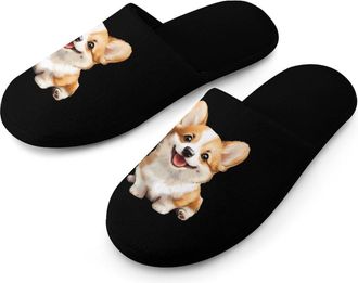 Generic Cute Corgi Dog Warm Mens Slippers Slip On Soft Fleece House Shoes Winter Indoor Outdoor
