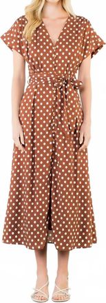 THML Clothing Short Sleeve Polka Dot Midi Dress In Brown