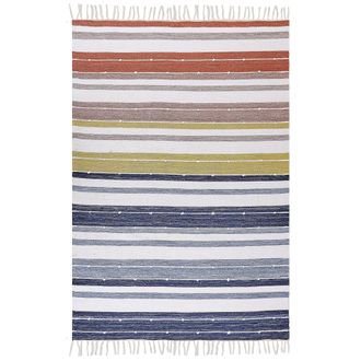 Beliani Alfombra Azul Blanco Amarillo Rojo 160 X 230 Cm A Mano A Rayas Borlas Tozakli