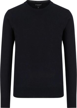 Emporio Armani Blauw Marineblauw Gebreid Stijlvolle Ingeprinte Adelaar - Heren - Ronde hals truien - Blauw - M - Wol - Truien & Vesten