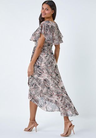 Roman Leaf Print Chiffon Midi Wrap Dress
