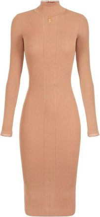 Elisabetta Franchi Kleedjes, Dames, Bruin, XS, Leer, Midi Gebreide Jurk