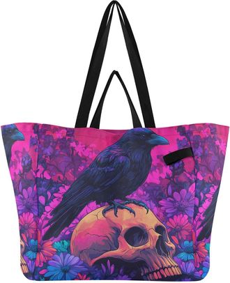 Generic Pink Raven Skull Flowers print Reusable Canvas Tote Bag, Heavy Duty Grocery Shopping Bag with Hard Bottom Double Handles Large Capacity Work Groceries