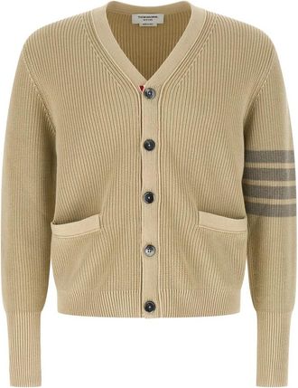 Thom Browne Garment Dyed 4-Bar Cardigan - Heren - Vesten - Beige - L - Katoen - Truien & Vesten