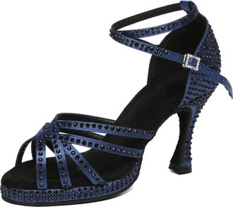 Minitoo Platform Dance Shoes for Women Crystals Beaded Wedding Sandals L488 Blue 9cm Heel UK 6.5