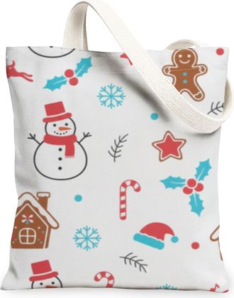 Generic Winter Holiday Canvas Tote Bags, Fun Snow Man Gingerbread Pattern Reusable Grocery Bags, Stylish Lightweight Washable Shoul, White, 13x15 Inch