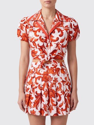 Dolce & Gabbana Camicia cropped in cotone con stampa Maioliche e nodo frontale
