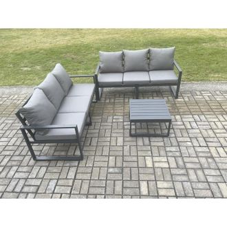 Fimous Aluminium 3 Pieces Garden Furniture Sofa Set with Cushions 6 Seater Outdoor Patio Set with Square Coffee Table Dark Grey - Fimous