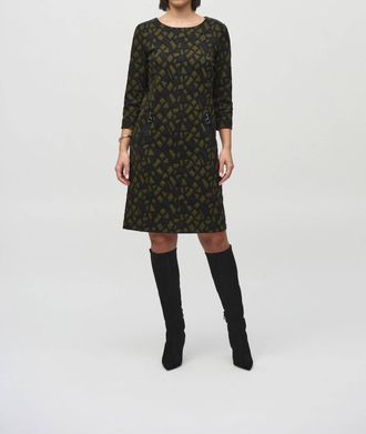 Joseph Ribkoff Geometric Jacquard Shift Dress In Olive/black