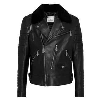 Philipp Plein Leren bikerjack met shearling kraag - Heren - Leren en Su&egrave;de Jassen - Zwart - 4XL - Leer - Jassen