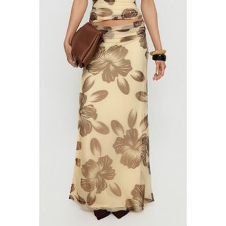 Princess Polly Roselin Floral Mesh Maxi Skirt in Brown Floral at Nordstrom, Size 10