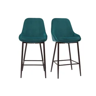 Miliboo Set De 2 Taburetes De Cocina De Terciopelo Azul Petr&oacute;leo Y Metal Negro 65 Cm De Altura Holo