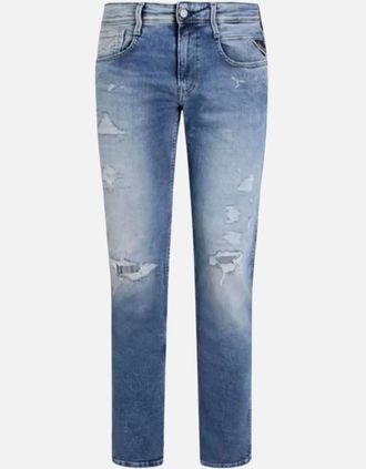Replay Mens Anbass Stretch Light Wash Ripped Slim Fit Jeans - Blue