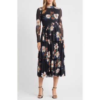 Anne Klein Tiered Ruffle Floral Print Long Sleeve Dress in Blurred Floating Flora at Nordstrom, Size X-Small