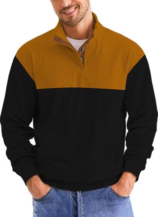 Generic Mens Sweatshirt Retro Vintage Knit Print Sweater 3D Printed Stand Up Collar Long Stand Collar Henley Button Pullover Top Orange Black