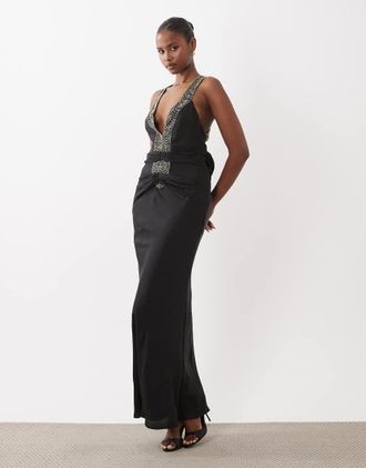 Asos Vestito lungo in raso nero con spalline decorate-Multi