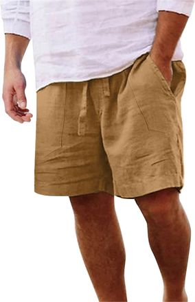 Generic Mens Shorts Wide Leg Linen Shorts for Women Elastic High Waisted Pleated Loose Casual Comfy Shorts (Khaki, XXXXL)