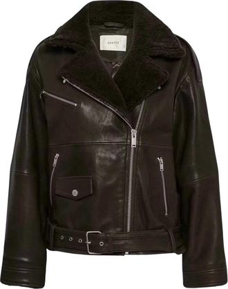 Gestuz Shearling Biker Jacket - Dames - Leren en Su&egrave;de Jassen - Bruin - L - Leer - Jassen