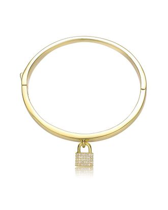 Rachel Glauber 14K Plated Cz Padlock Charm Stacking Bangle Bracelet