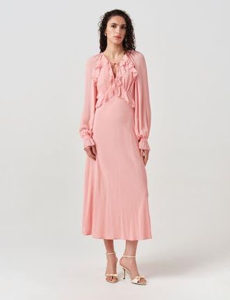 Ghost London Naomi Long Sleeve Frill Midi Dress in Pink at Nordstrom, Size 14