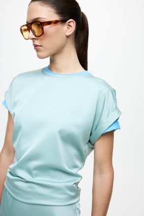 Vila Kurzarmshirt VILA VIELLETTE S/S SATIN TOP - NOOS, Damen, Gr. 36, blau surf, Satin, Obermaterial: 100% Polyester, unifarben, regular fit normal, Rundha