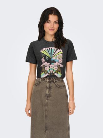 Only Rundhalsshirt ONLY ONLLUCY REG S/S TOP JRS NOOS, Damen, Gr. L, schwarz (schwarz print:grateful), Single Jersey, Obermaterial: 100% Baumwolle, bedruckt