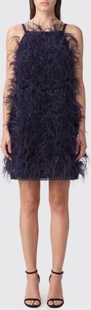 Pinko Georgette Mini Ceremony Dress with Feathers and Beads