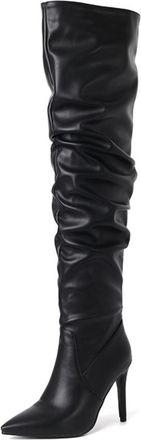 Generic Womens Slouchy Over-The-Knee PU Leather Boots Pointed Toe Slip-On Stiletto Heels Elastic Fit Evening Party Casual Boots,Black,6.5 UK
