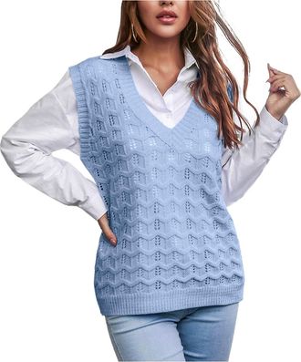 Generic Womens Autumn and Winter Fashion Plain V-Neck Knitted Jumper Vest Cable Knit Sleeveless Checked Knitted Tanks Sweatshirt Women