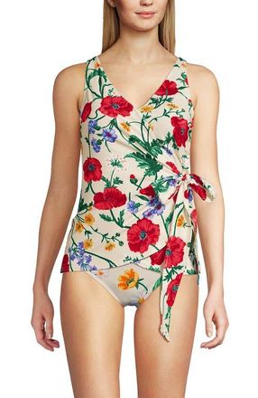Lands End Chlorine Resistant Side Tie V-neck Tankini Swimsuit Top in Egret/poppy Floral at Nordstrom, Size 8
