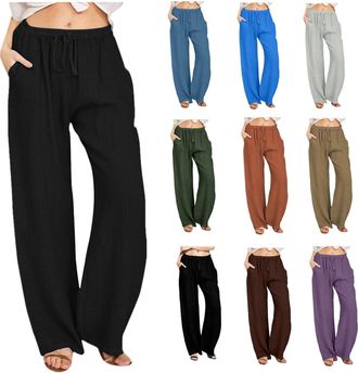 Generic Womens Cotton Linen Trousers Casual Wide Leg Trousers Loose Elasticated Waist Drawstring Solid Color Palazzo Pants with Pockets Womens Summer Pants Be