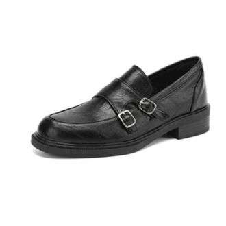 Generic Womens PU Leather Double-Buckle Loafers Slip-On Low Block Heel Round Toe Non-Slip Sole Classic Comfortable Durable Stylish Shoes,Black,3.5 UK