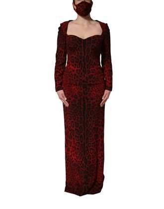 Dolce & Gabbana Womens Red Leopard Print Sheath Long Sleeve Dress Silk