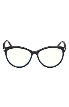 Tom Ford 55mm Round Blue Light Blocking Glasses in Black Eco /T Logo at Nordstrom