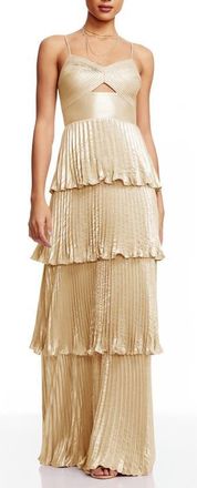 Dress The Population Zahrah Tiered Pleated Satin Evening Gown in Gold at Nordstrom, Size X-Large