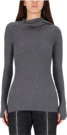 Jean Paul Gaultier Asymmetrische Ribgebreide Hoodie - Dames - Ronde hals truien - Grijs - L - Wol - Truien & Vesten