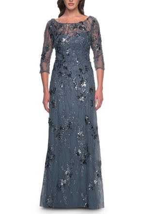 La Femme Beaded Long Mother of the Bride Dress with Illusion Top in Slate Gray at Nordstrom, Size 14