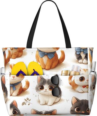 Generic Cute Cat Print Large Beach Bag Foldable Travel Shoulder Tote Bag With Pocket For Weekender Pool Vacation