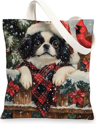 Generic Christmas Japanese Chin Dog Canvas Tote Bag for Shopping 13x15, Winter Farmhouse Xmas Puppy Reusable Grocery Print Pattern Bag for Women, Happy New Ye