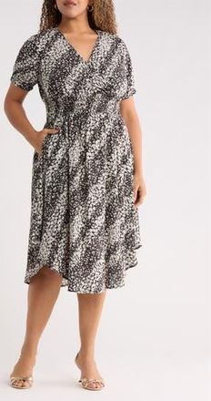 Renee C Short Sleeve Smocked Waist Midi Dress in Black/Ivory at Nordstrom Rack, Size 1 X