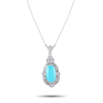 Luxury Bazaar Antique 18K Yellow Gold and Silver 0.10ct Diamond and Turquoise Pendant Necklace MF10-091426