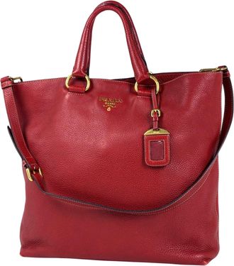 Prada Red Color Leather Handbag Shoulder Bag Tote Bag (Pre-Owned)