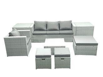 Fimous Garden Outdoor Furniture Set 7 Seater Rattan Sofa Set with 3 Footstools Armchair 2 Side Tables Light Grey Mixed