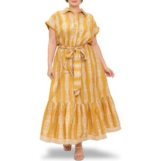 Flying Tomato Geometric Floral Stripe Maxi Shirtdress in Mustard Ivory at Nordstrom Rack, Size 1 X