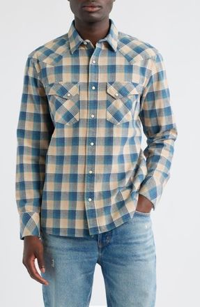 Pendleton Wyatt Plaid Cotton Snap-Up Shirt in Tan/blue Plaid at Nordstrom, Size Large